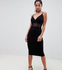 ASOS DESIGN Petite midi cami bodycon dress with mesh insert detail-Black