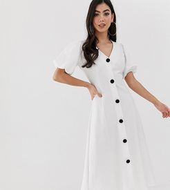 ASOS DESIGN Petite midi skater dress with puff sleeves and contrast buttons-White
