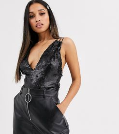 ASOS DESIGN Petite plunge body in sequin-Black