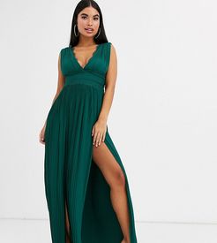 ASOS DESIGN Petite premium lace insert pleated maxi dress in forest green