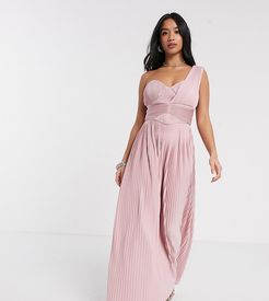 ASOS DESIGN Petite Premium one shoulder pleated panel maxi dress in soft pink