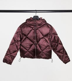 ASOS DESIGN Petite satin quilted oversized puffer jacket in burgundy-Red