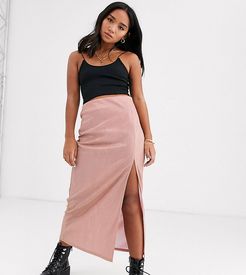 ASOS DESIGN Petite sparkle bias slip midi skirt with thigh split-Pink