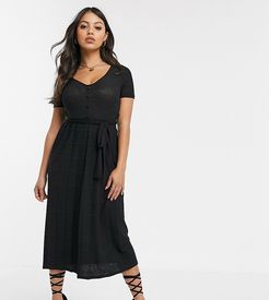 ASOS DESIGN Petite textured v-neck midi dress with pleated skirt-Black