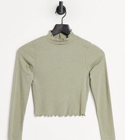 ASOS DESIGN Petite turtle neck crop top with lettuce edge in olive-Green