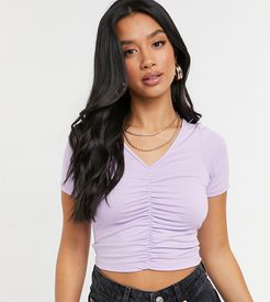 ASOS DESIGN Petite v neck crop top with ruched front in lilac-Purple