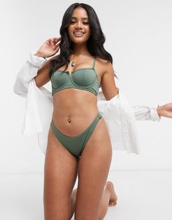 picot trim underwire bikini top in khaki-Green