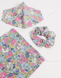 pink floral face covering with pouch & scrunchie-Multi