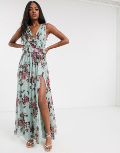 pleat bodice maxi dress with raw edge detail in floral print-Multi