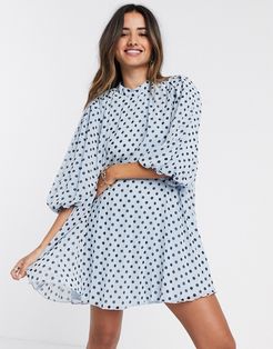 pleated mini smock dress with puff sleeves in polka dot-Multi