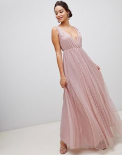 Pleated Tulle Maxi Dress with Applique Lace Trim-Pink