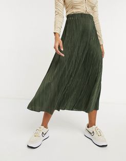 plisse full midi skirt in dark khaki-Green