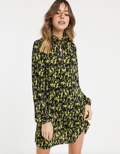 plisse smock mini dress with tie neck in black and yellow floral print-Multi