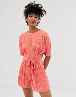 plisse tie front short sleeve romper-Pink