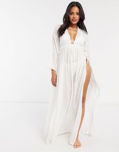 plunge long sleeve boho maxi beach dress in natural ivory crinkle-White