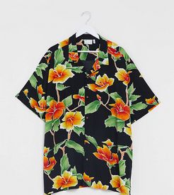 Plus relaxed fit revere shirt in large scale black and yellow floral