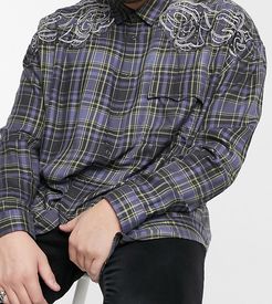Plus western check shirt with shoulder embellishment detail-Navy