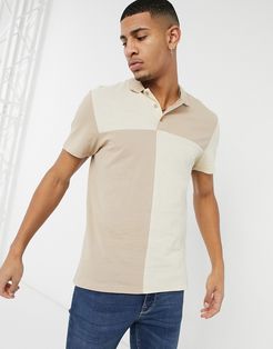 polo shirt with grid color block in beige pique