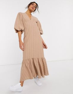 premium casual self stripe plunge midi dress with puff sleeves and pephem-Brown