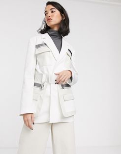 premium clean utility blazer with leather look pocket and belt detail-White