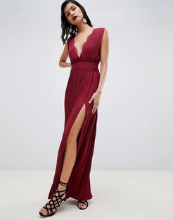 premium lace insert pleated maxi dress-Red