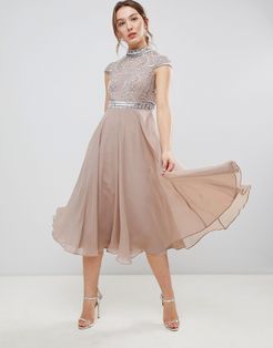 Premium Short Sleeve Midi Dress With Heavily Embellished Bodice-Pink