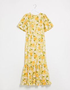 puff sleeve maxi dress with pephem in 70s floral-Multi