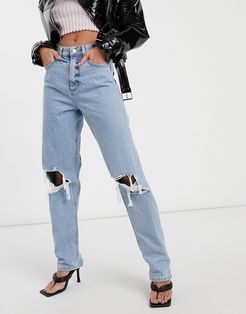 high rise slouchy mom jeans in light wash with rips-Blue