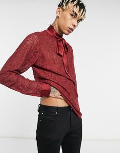 regular fit pussybow shirt in burgandy lace-Red