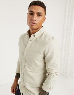 regular fit seersucker shirt with button collar in stone-White