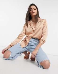 relaxed satin long sleeve shirt in tan-Brown