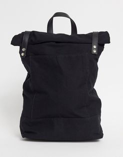 rolltop backpack in black canvas with leather trims