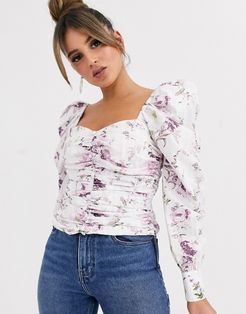 ruched front top with volume sleeve in wallpaper floral print-Multi