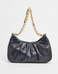 ruched shoulder bag in black with chunky gold chain