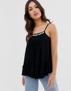 ruffle swing cami with faux shell detail-Black