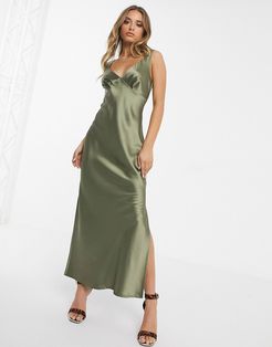 satin bias midi cami slip dress-Green