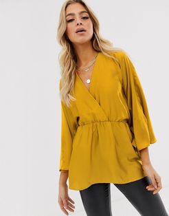 satin plunge top with kimono sleeve and tie waist-Gold