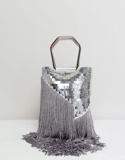 sequin fringe grab clutch bag-Silver