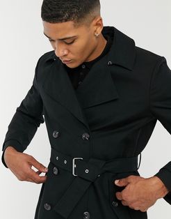 rain resistant double breasted trench coat in black