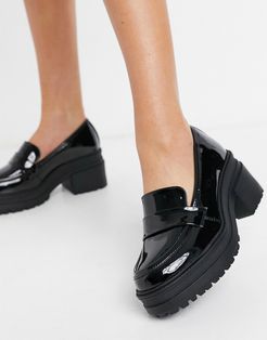 Simone chunky mid heeled loafer in black patent