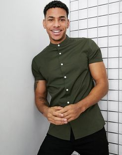 skinny fit shirt with band collar in khaki-Green
