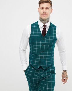 skinny suit vest in forest green windowpane check