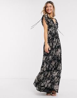sleeveless pleated floral print maxi dress-Multi