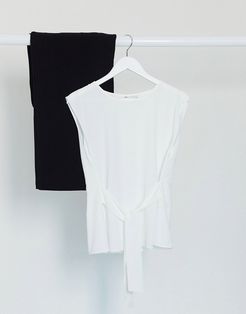 sleeveless top with tie front detail in ivory-White