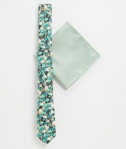 slim tie & pocket square in mint ditsy floral design-Green