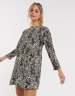 smock mini dress in leopard print-Multi