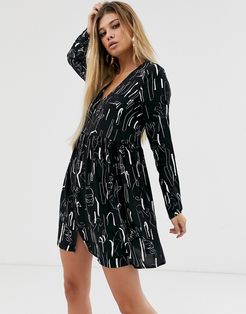 smock mini dress with button through in abstract print-Multi