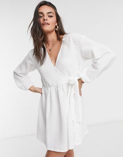 smock oversized mini wrap dress in ivory-White