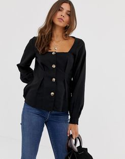 square neck button through long sleeve top with pleat detail-Black
