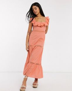 square neck lace insert tiered maxi dress with lace up back in coral-Pink